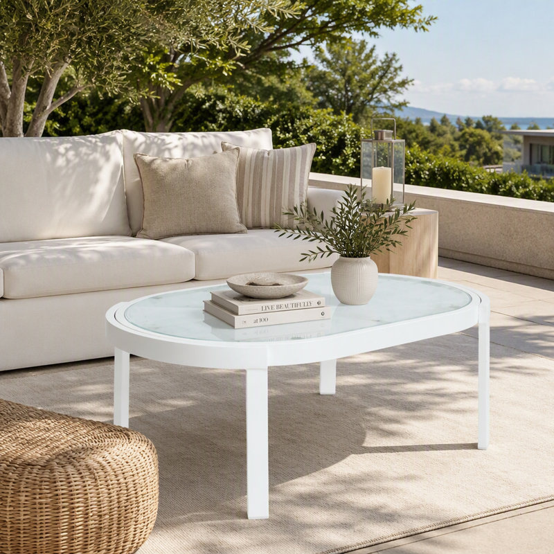 Table basse d'extérieur moderne avec plateau en verre trempé