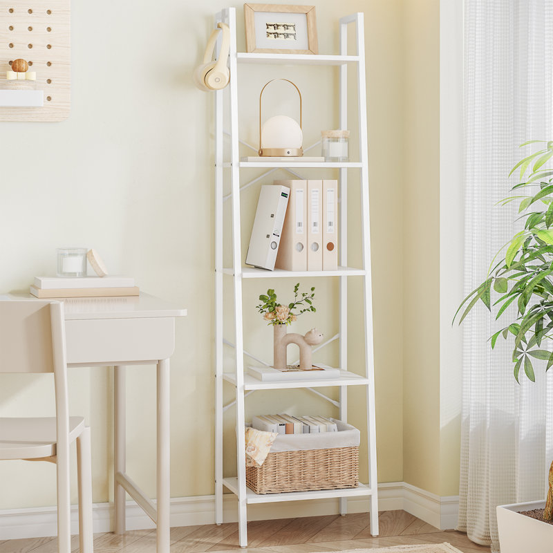 Ladder Shelf, Bookshelf Bookcase, Freestanding Corner Storage Shelve with 2 Hooks for Home Office, Living Room, Kitchen, Bedroom, Industrial