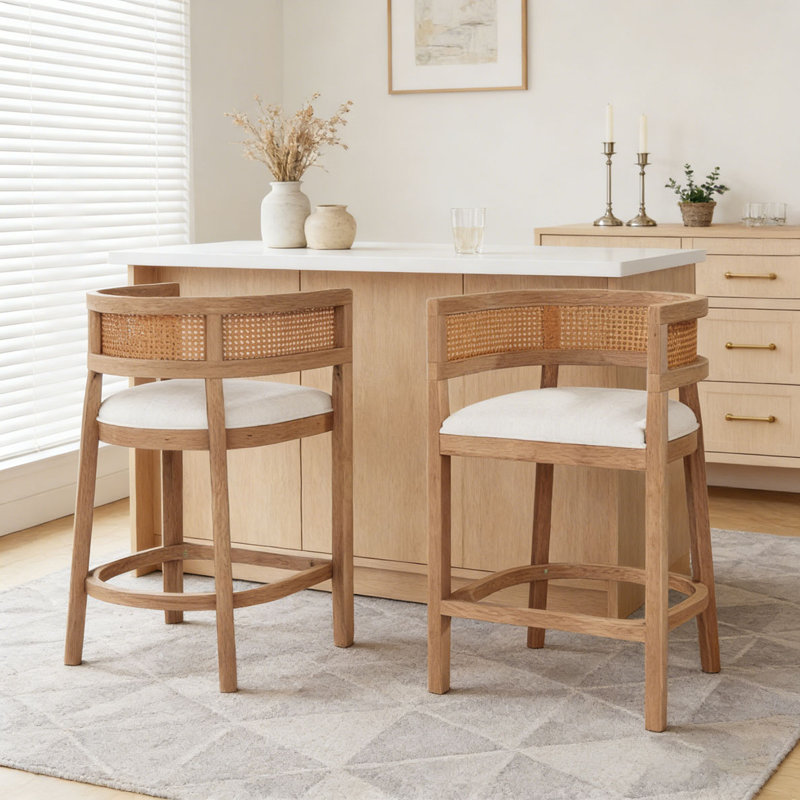 Wood And Rattan Upholstered Arm Counter Stools, Beige,Natural,Oak