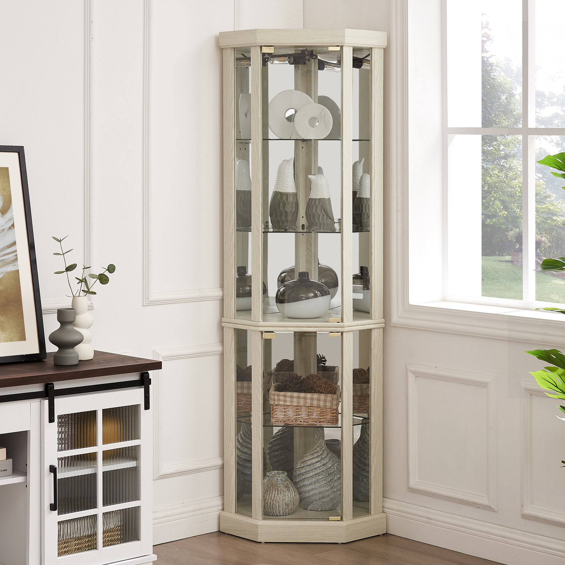 Wrought Studio??? Corner Lighted Curio Cabinet Corner Glass Cabinet | Wayfair