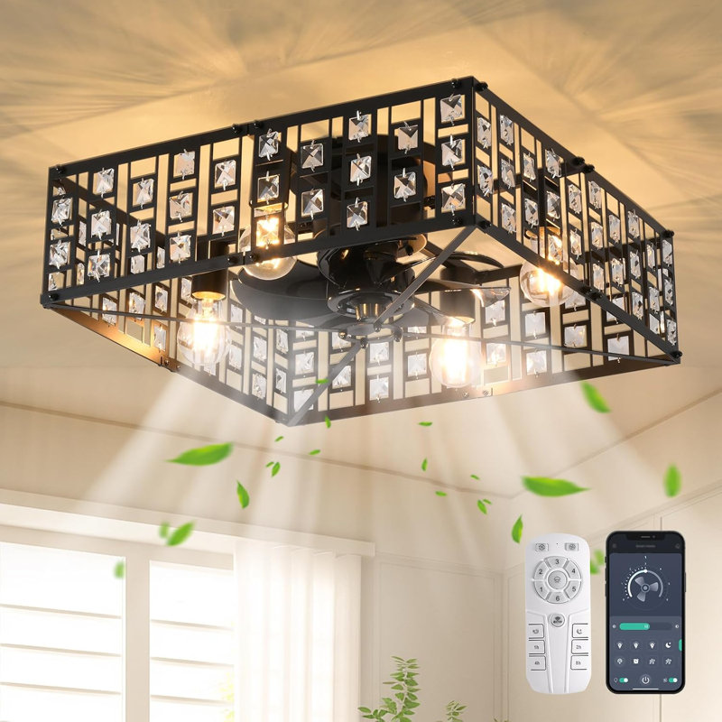 Caged Ceiling Fan With Light,19.6" Black Crystal Fandelier Ceiling Fan With Light,Bladeless Industrial Ceiling Fan For Bedroom, Living Room, Dining Room(6-Speed, Timing)