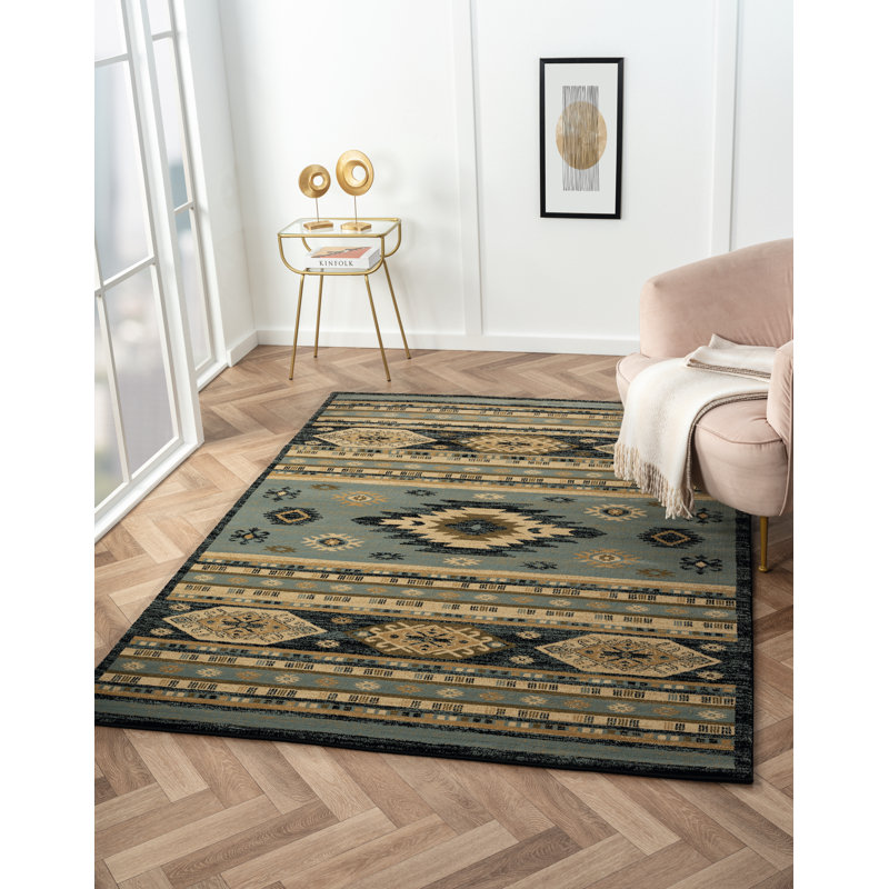 Tapis bleu / noir / beige en polypropylène tissé à la machine Southwestern, Rectangle 1 pi 10 po x 3 pi