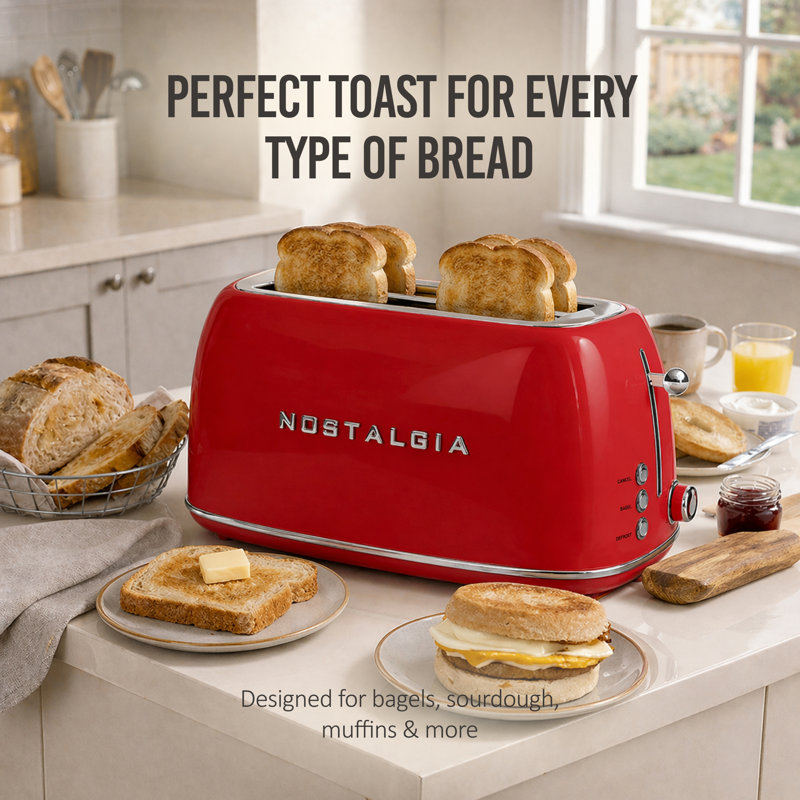 Classic Retro 4- Slice Toaster, Red, Red