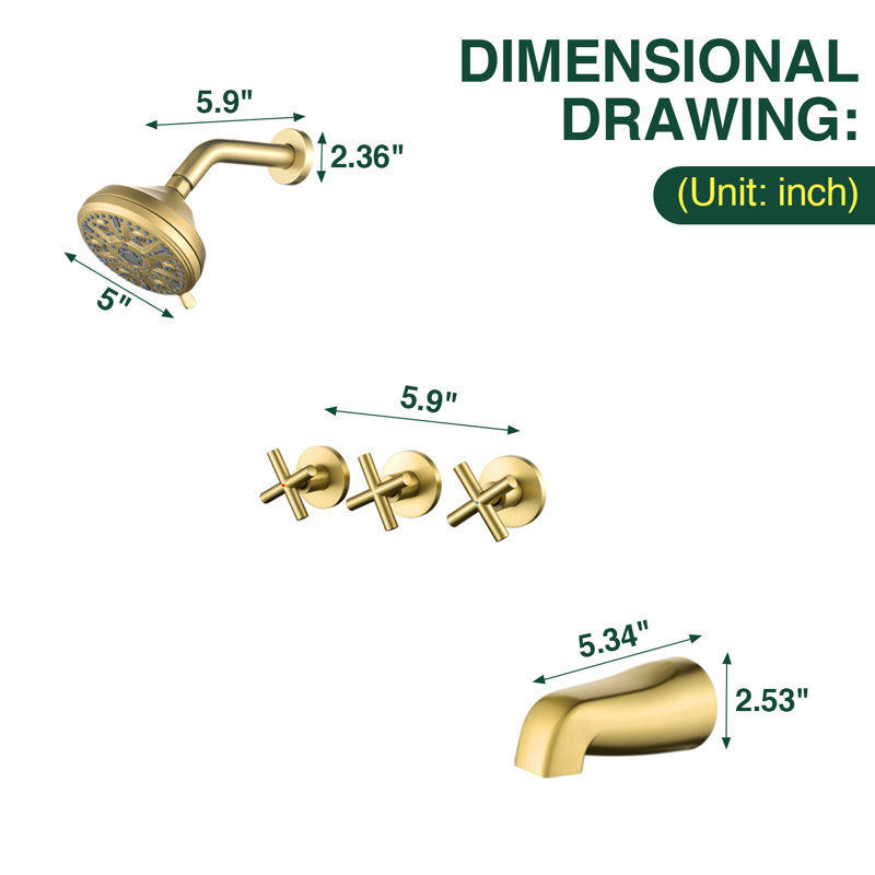 Wall-Mounted 3-Handle Tub And Shower Faucet Set , Brushed Gold