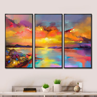 Coucher de soleil avec reflets colorés I - ensemble de 3 reproductions sur toile