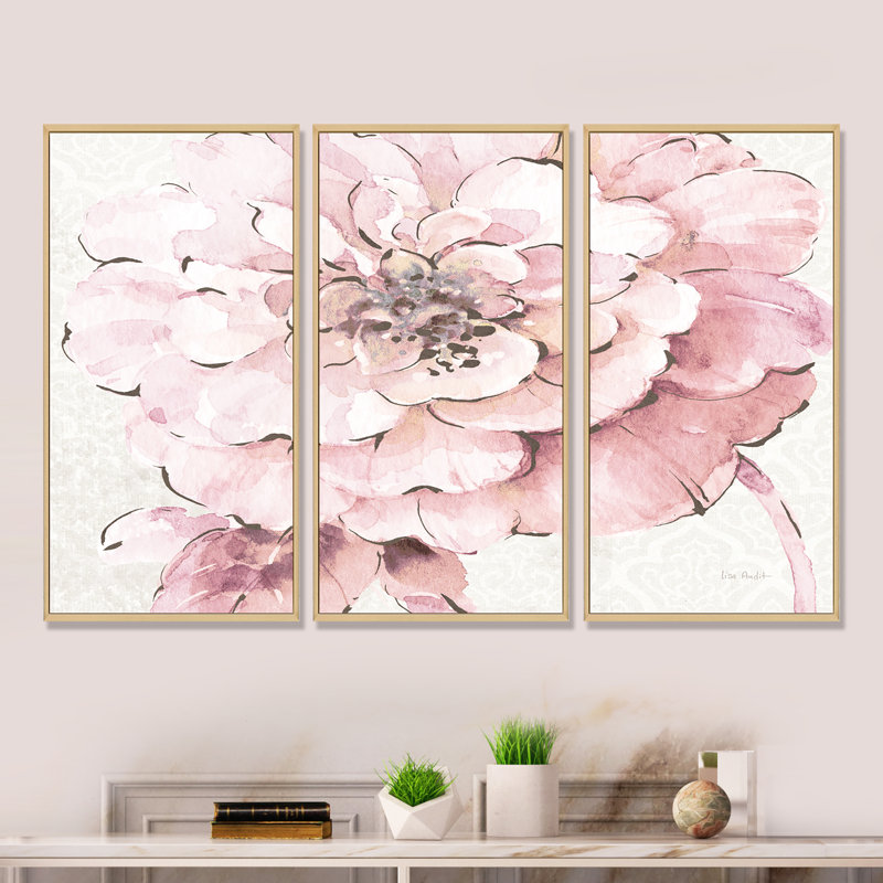 Indigold Shabby Peony - ensemble d'art mural sur toile encadré Shabby Elegance, H 20 po x l 36 po, Cadre brun