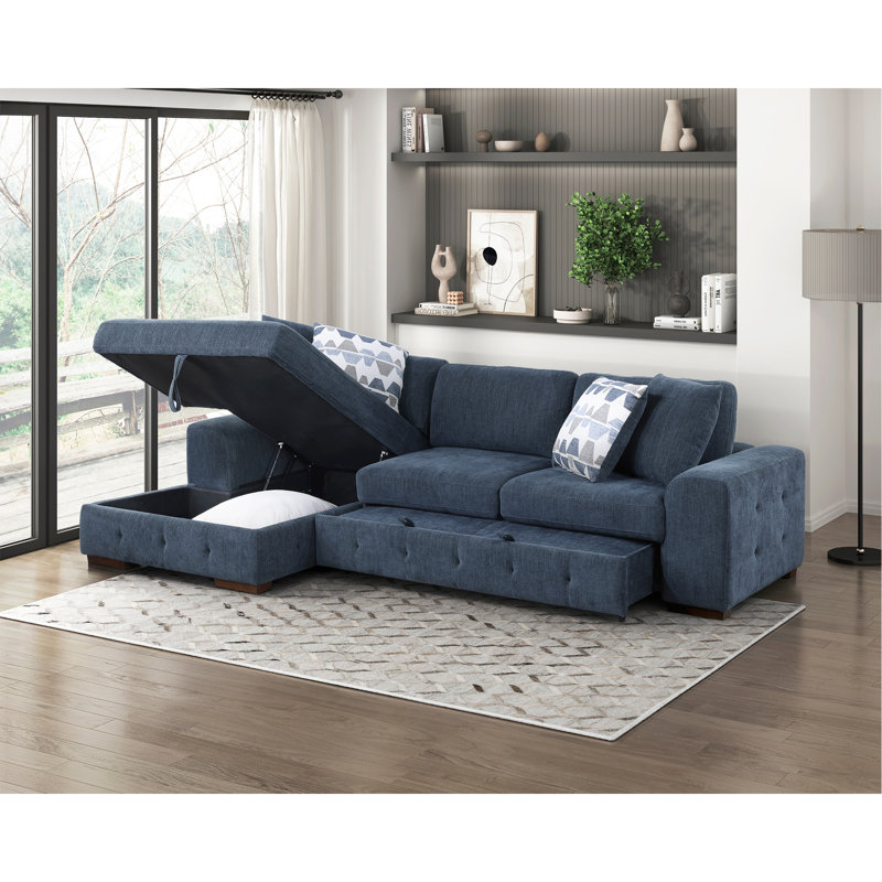 Mobilier de salon bleu modulaire en bois chenille capitonné 2 pièces avec méridienne gauche