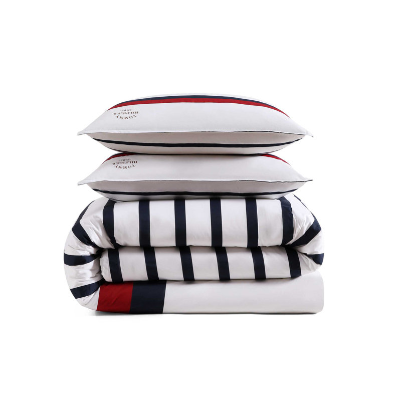 Tommy Hilfiger Classic Stripe Cotton Reversible Blue Duvet Cover Set, Queen Duvet Cover + 2 Standard Shams