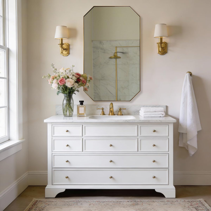 Contemporary Cut Corner Octagonal Scalloped Bathroom Vanity Mirror | Stainless Steel Frame, Brushed Gold, 40" x 24"