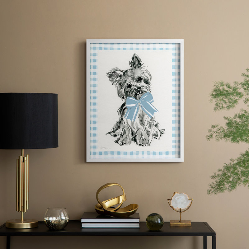 «Blue Bow Yorkie», reproduction encadrée - bois massif, H 30 po x l 24 po, Blanc
