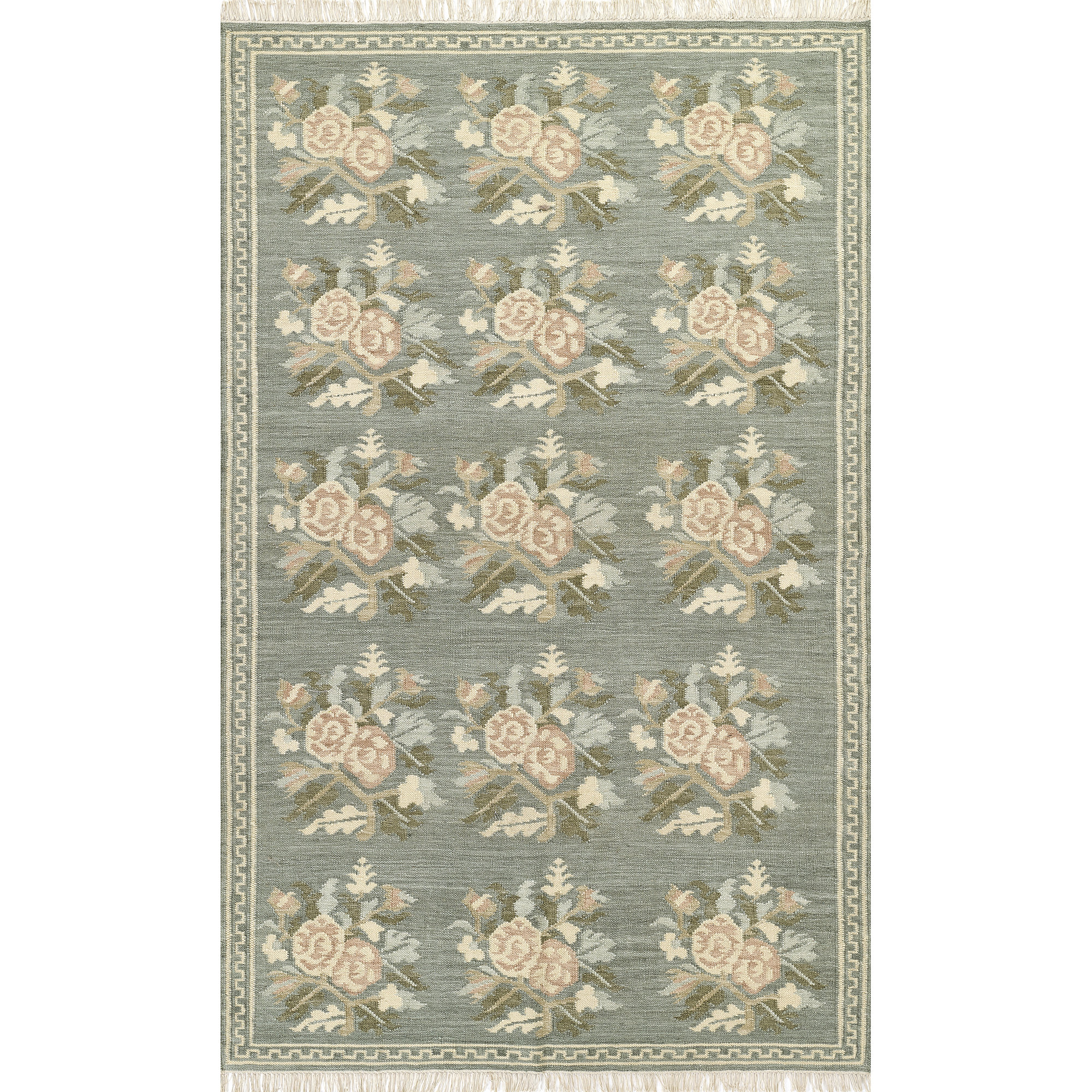 Bateman Floral Hand Woven Wool and Cotton Blue Area Rug 5' X 7'6", 2'6" X 8' Runner