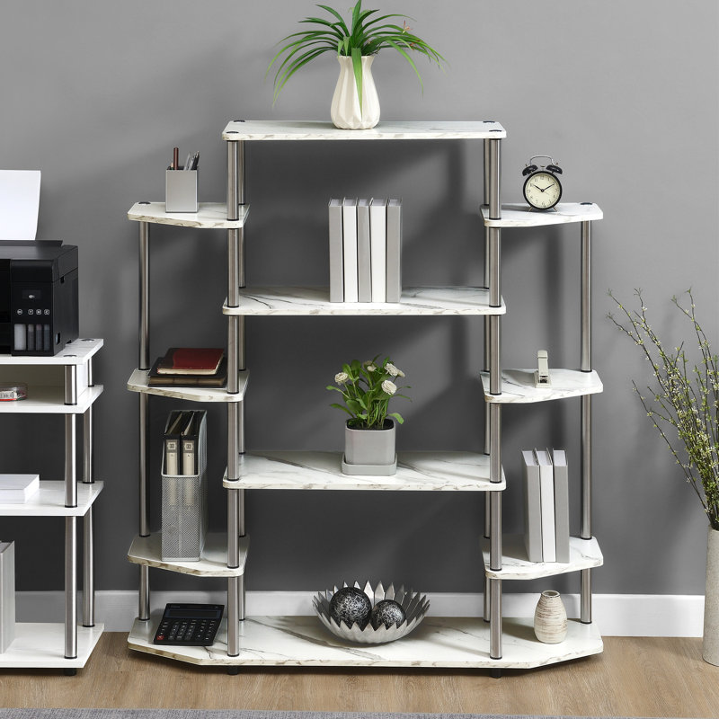 Edwin 52.5'' H x 47.25'' W No Tools Bookcase, White Faux Marble/Silver poles