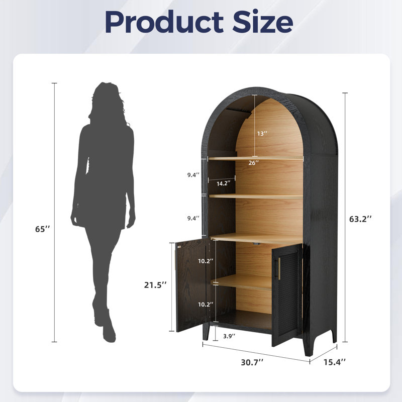 Arched Display Cabinet With Beech-wooden Door, Rattan Storage Cabinet With Adjustable Shelf, Farmhouse Kitchen Cabinet With Anti-tipping Device For Living Room/kitchen(64”)