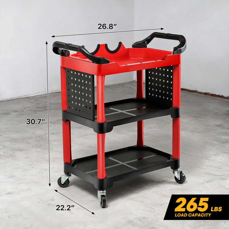 Chariot de décoration à 3 niveaux avec panneau perforé, chariot à outils robuste de capacité de 260 lb pour le garage, le détail automobile et les réparations