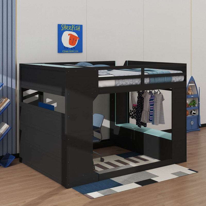 Full Size Wood Loft Bed With Desk,Drawers,Storage Compartments,Hanging Rod And RGB Lights, Blue