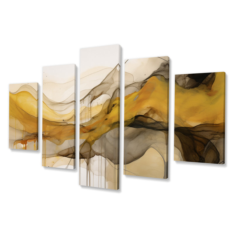 Undefined Continuation liquide vagues jaune IV - formes murales formes abstraites - 5 panneaux