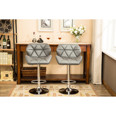 2 Contemporary Bar Stools, Grey. Hydraulic Adjustable Height With Diamond- Seat. Pu Leather Upholstery. Foot Rest For Comfort. 16.5" Stable Base. Chair: 20.5"X20.63"X 35-43.25 "H, Seat:
