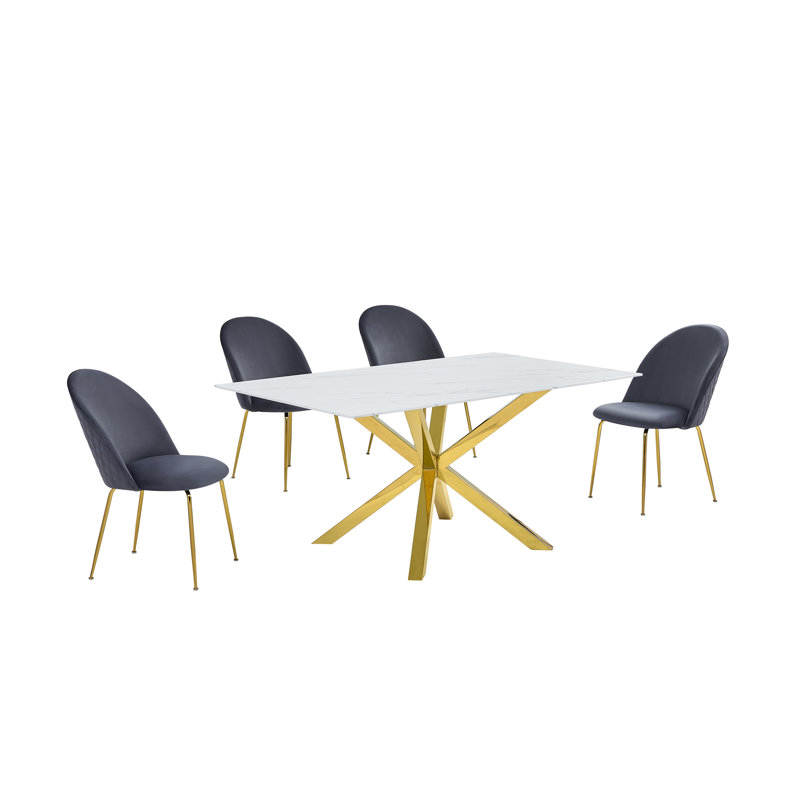 Ensemble de salle à manger en verre avec revêtement en marbre et chaises d'appoint rembourrées, 5, Gris