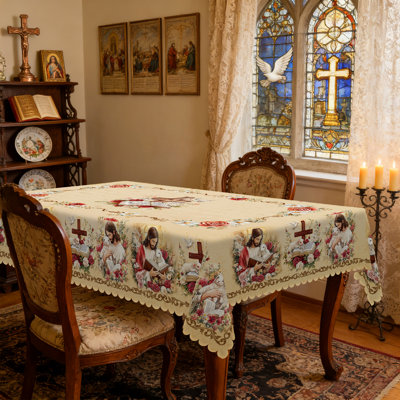 Inspirational Easter Religious Tablecloth - Cross & Rose Printed Fabric Cover, Reusable Round/Rectangular Tablecloth for Easter Services, Home Celebrations | Elegant Scalloped-Edge Table Decor with Faith-Based Design, Fits Dining Tables