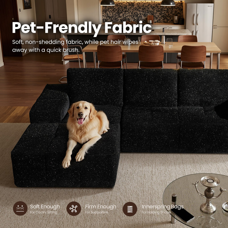 114'' L-Shaped Cloud Sectional Sofa with Chaise, Black Polyester