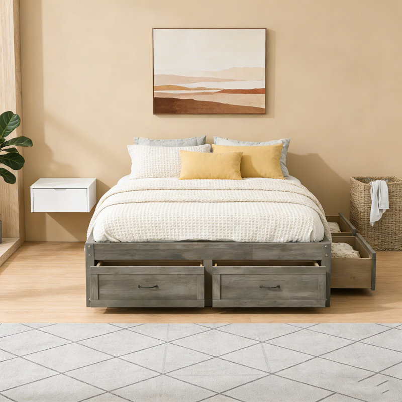 Grand lit plateforme avec 6 tiroirs de rangement, gris antique, Gris antique, Grand lit