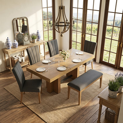 Extendable Solid Wood Dining Table Set for 6 with Upholstered Chairs and Bench, Expandable Farmhouse Kitchen Table with Trestle Base