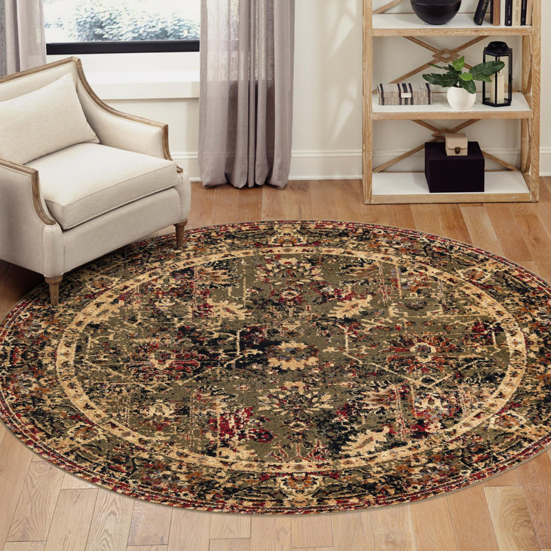 Tapis traditionnel Qrutwood vert-noir, Rond 3 pi 3 po