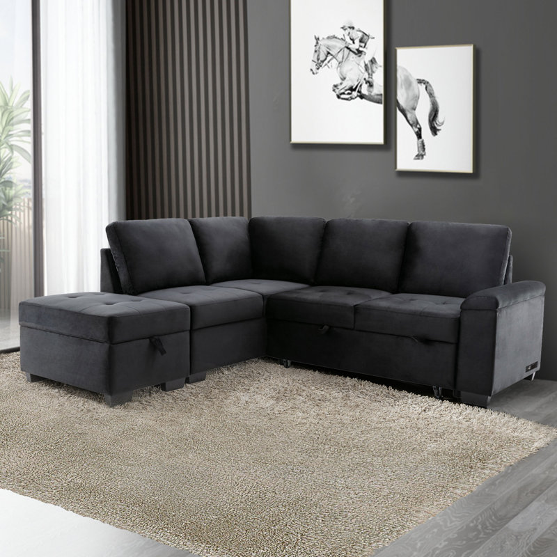Velvet L-Shaped Sectional Left Hand Facing, Black Velvet