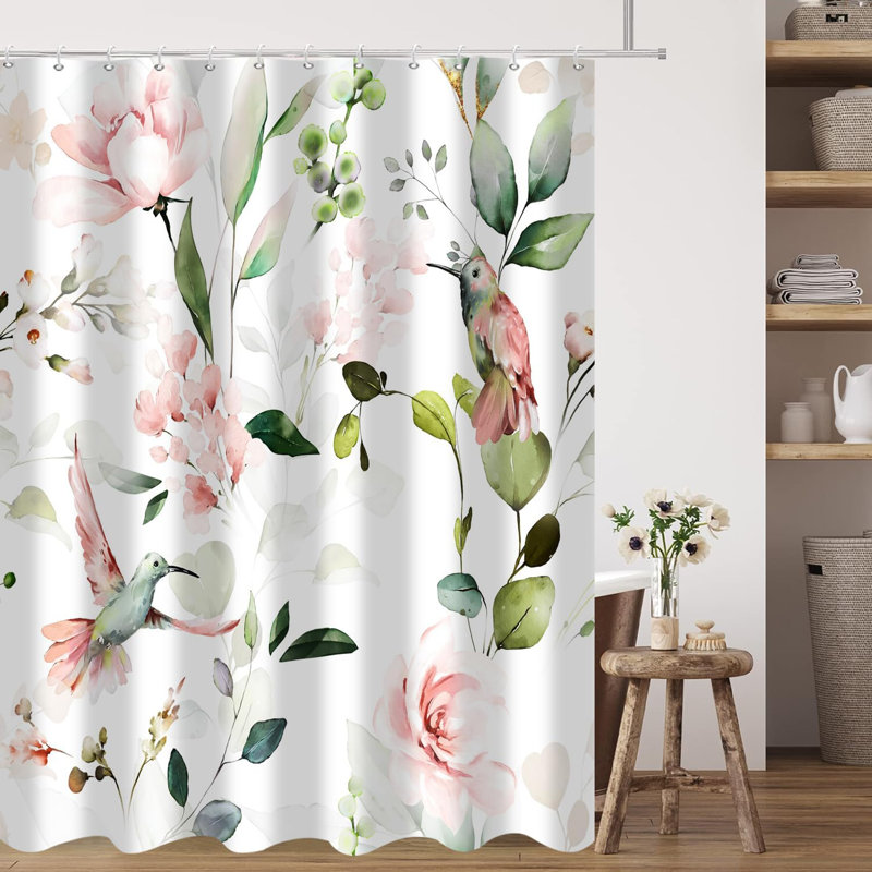 1PC Sage Green-Hummingbird Aesthetic Blooming Waterproof Bath Curtains with Hooks, 182.88cm H x 198.12cm W
