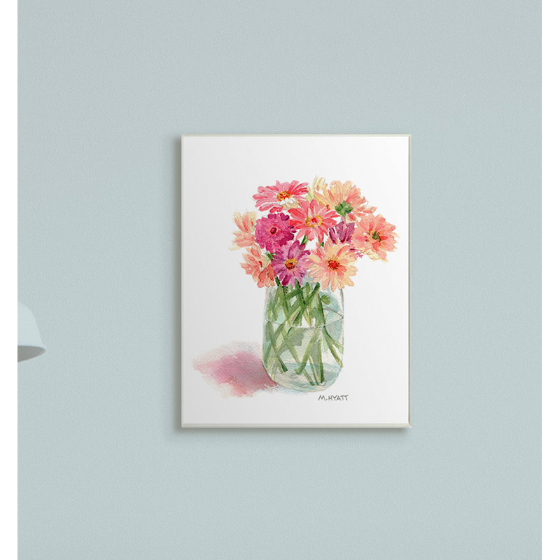 Bouquet d'aquarelles roses en pot en conserve, H 19 po x l 13 po, Plaque murale