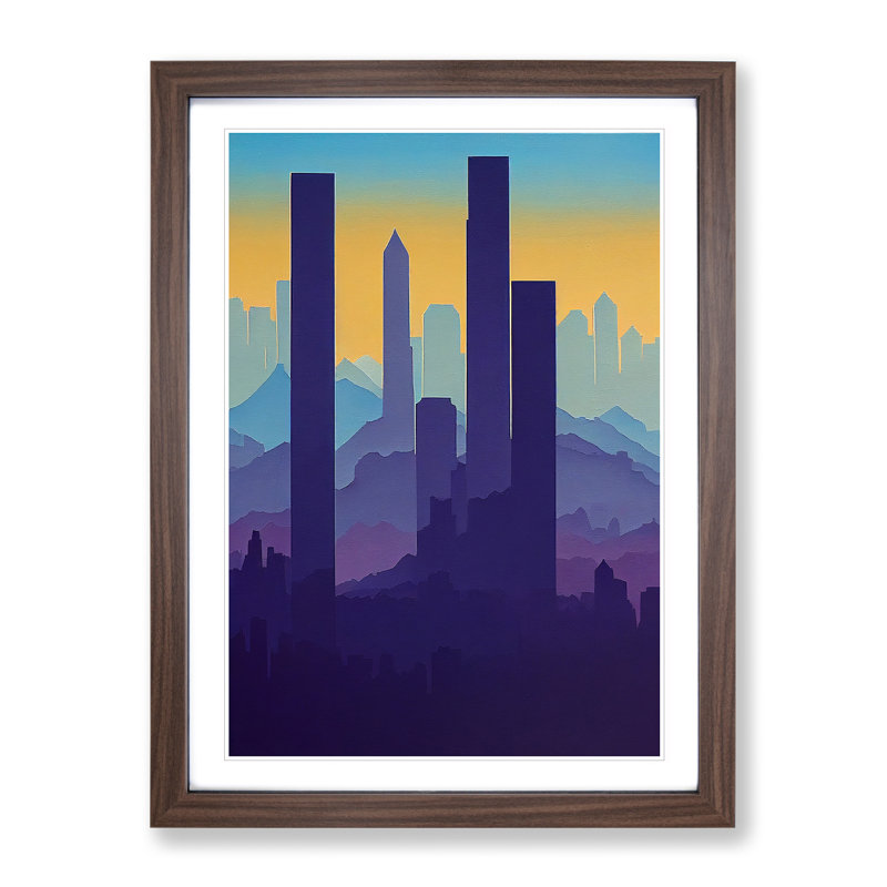 A Serene City Skyline No.5 Abstract - Single Picture Frame Painting, 64cm H x 46cm W x 2cm D, Walnut