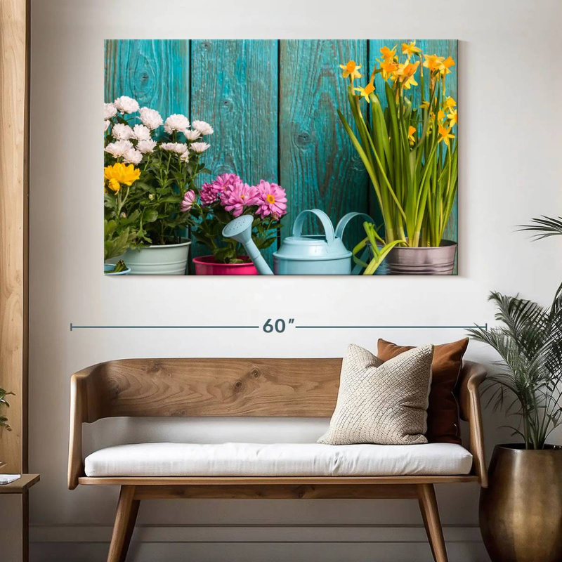 Fleurs de Senne dans des pots en fer-blanc, H 34 po x l 51 po