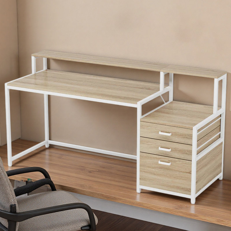 Bureau d'écriture robuste, bureau spacieux, bureau d'ordinateur à deux niveaux, Blanc, Naturel
