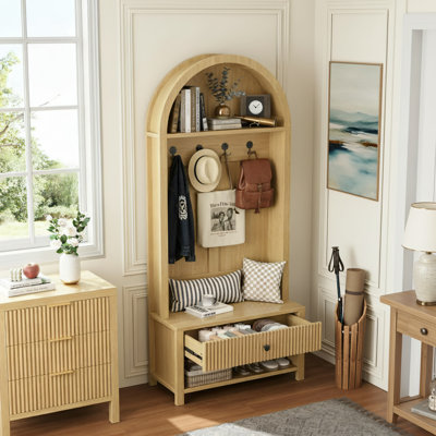 70.88-Inch Walnut-Colored Farmhouse-Style Wooden Coat Rack With Four Hooks. Suitable For Hallway, Foyer, Living Room, And Entryway Storage. by Latitude Run