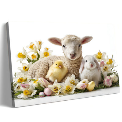 Easter Flanigan Rabbit and Lamb Vintage Easter Painting Bunny Canvas Wall Decor Colorful Flowers Christian Cross Artwork for Home Living Room Kitchen Nursery, 12x16 inches