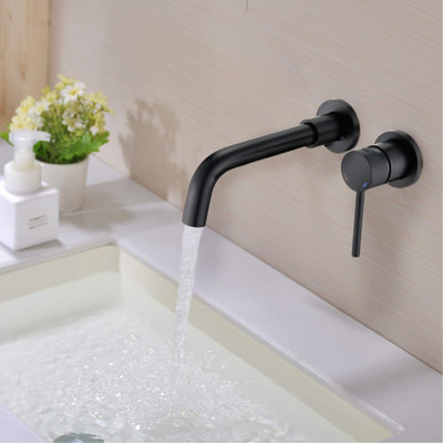 Matte Black Wall Mount Sink Faucet - Stylish Curved Spout, Aerator, Metal For A Long-Lasting Bathroom Mounted Elegant Construction