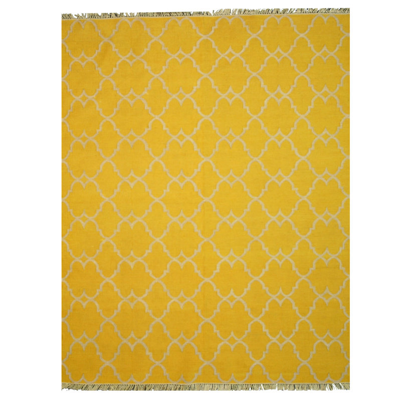 Tapis jaune en polyester noué à la main à motif de treillis transitionnel beige Durrant