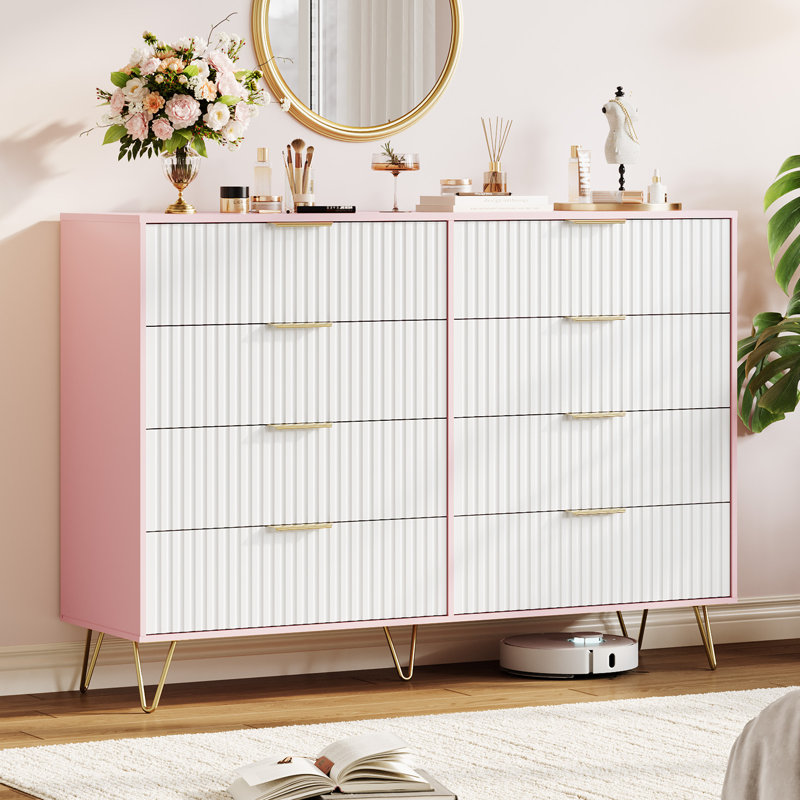Commode cannelée 55 po avec 8 tiroirs, commode en bois moderne et meuble télé pour chambre à coucher et salon, Rose/Blanc