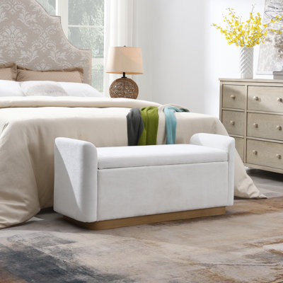 Banc de 49 po avec rangement, banc de repose-pieds avec charnière de sécurité, base en métal doré avec cadre en bois, banc de hall d'entrée rembourré pour chambre à coucher, salon, capacité de poids jusqu'à 350 lb, beige