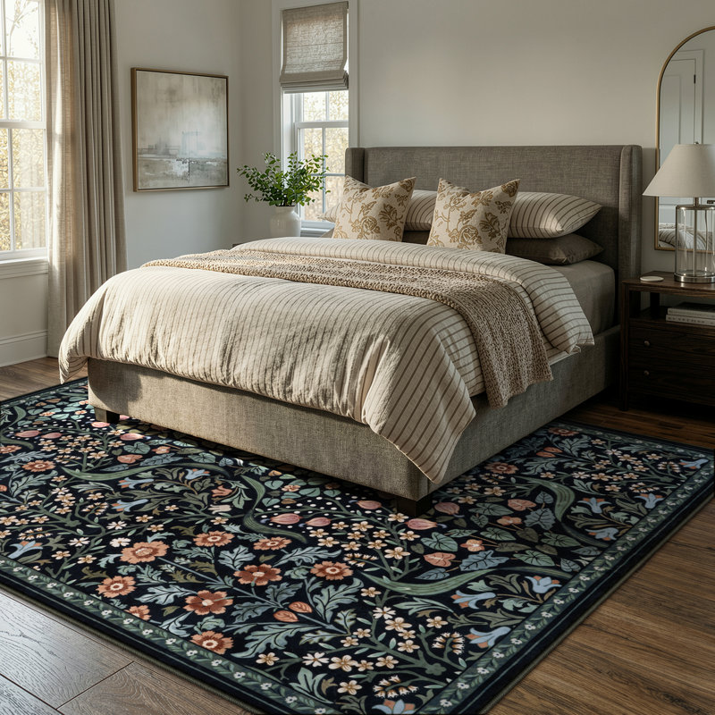 Tapis lavable à motif floral Kaldi, Noir, Rectangle 6' x 9'