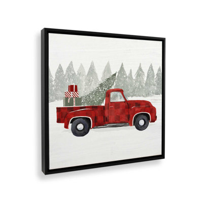 «Red Truck Christmas Tree Pickup», reproduction sur toile dans un cadre en chrome poli