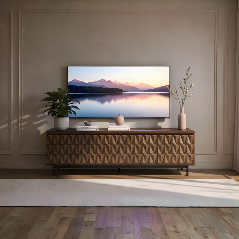Annie 78.75″ Walnut Media Console — Push-to-open Doors, Black Metal Legs