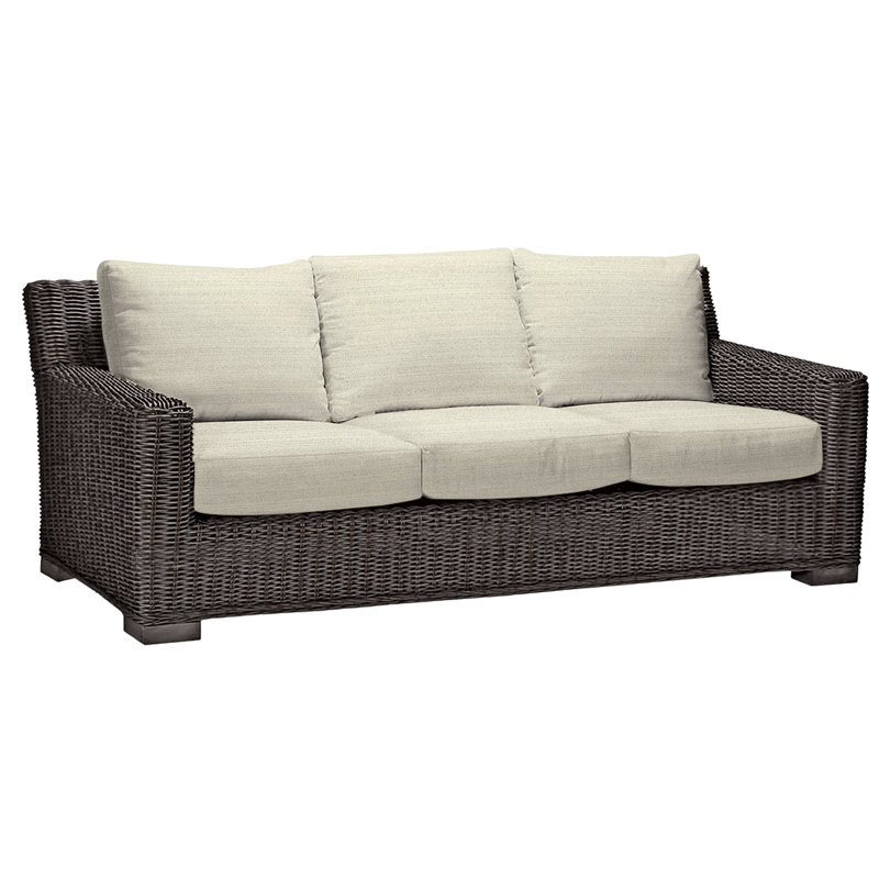Rustic 81.25" Wide Outdoor Wicker Patio Sofa with Cushions, No Welt, Black Walnut, Intermix Indigo