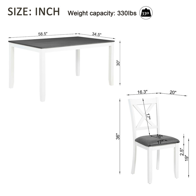 6 tables de salle à manger, table de 58,5 pouces, 6 chaises, gris et blanc, sièges en lin massif, respirant et résistant aux rayures avec 7 sièges élégants et modernes