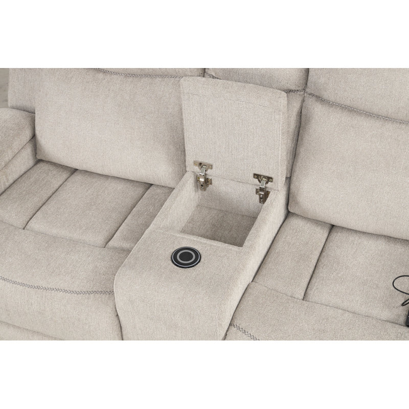 Causeuse en chenille gris clair avec console
