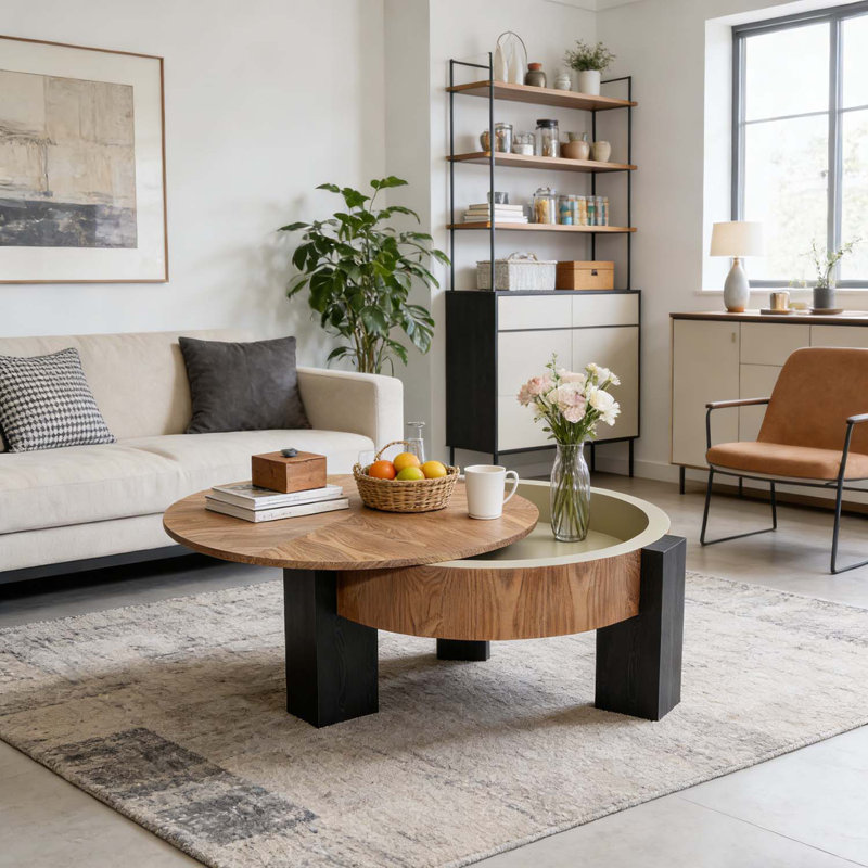Table basse ronde moderne avec 3 pieds robustes, Noir mat, bois naturel