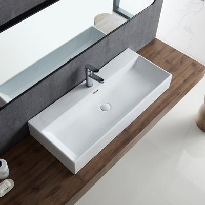 Turner 39" L Trough White Ceramic Rectangular Wall Mount/Vessel Bathroom Sink with Overflow