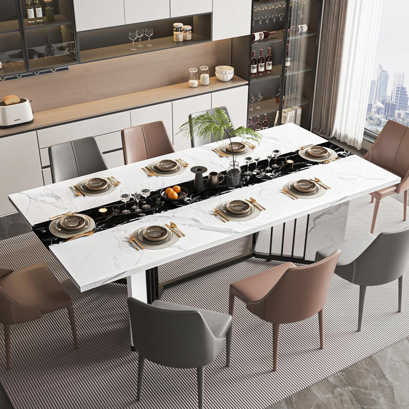 71 In. Large Rectangular White Dining Table For 4 5 6 7 People W/35in Marble-color Wood Watrproof Tabletop,adjustable Leg.6ft Luxurious Family Dinner Table For Home Kitchen Living Room