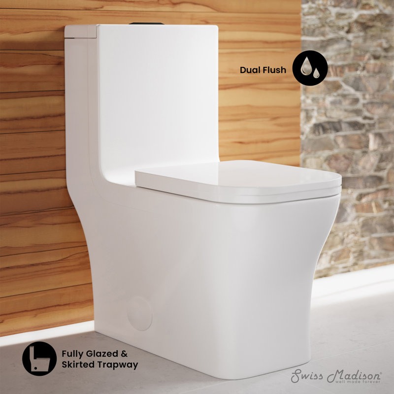 Concorde One Piece Square Toilet Dual Flush, Black Hardware 1.1/1.6 gpf, Glossy White/Black, Top
