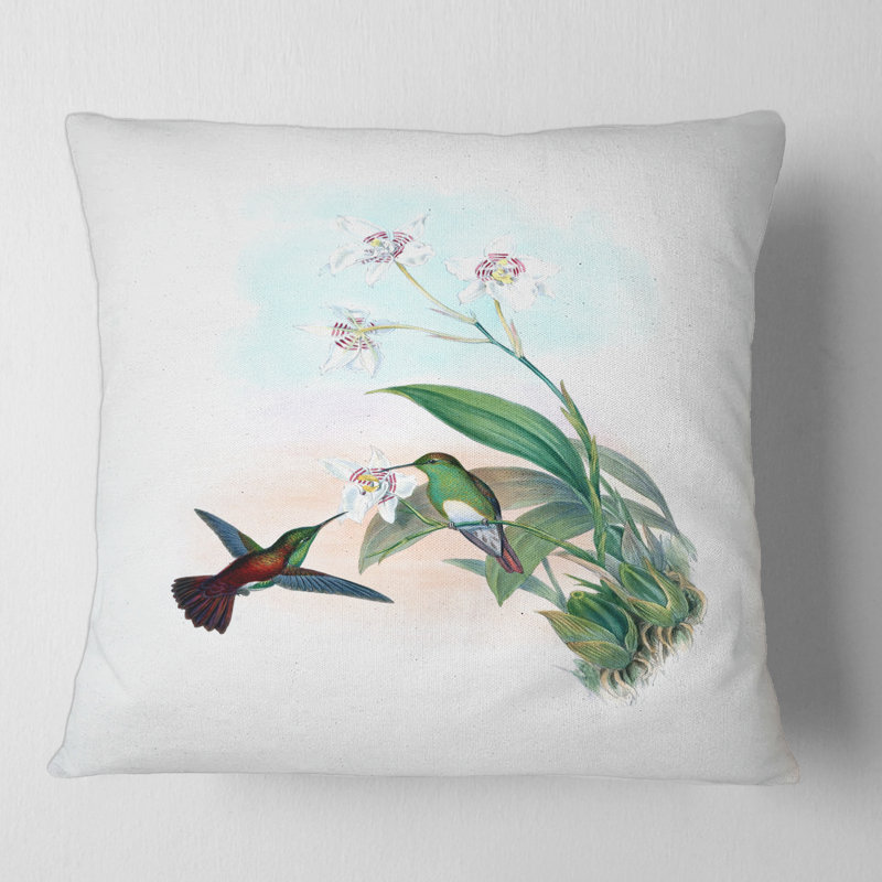 Carré, colibri rétro volant à une fleur - coussin décoratif traditionnel, 16" x 16"
